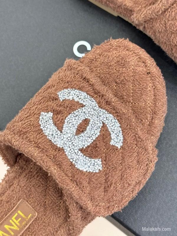 2025 CHANEL Brown Terrycloth Slippers CC Logo KFY00220
