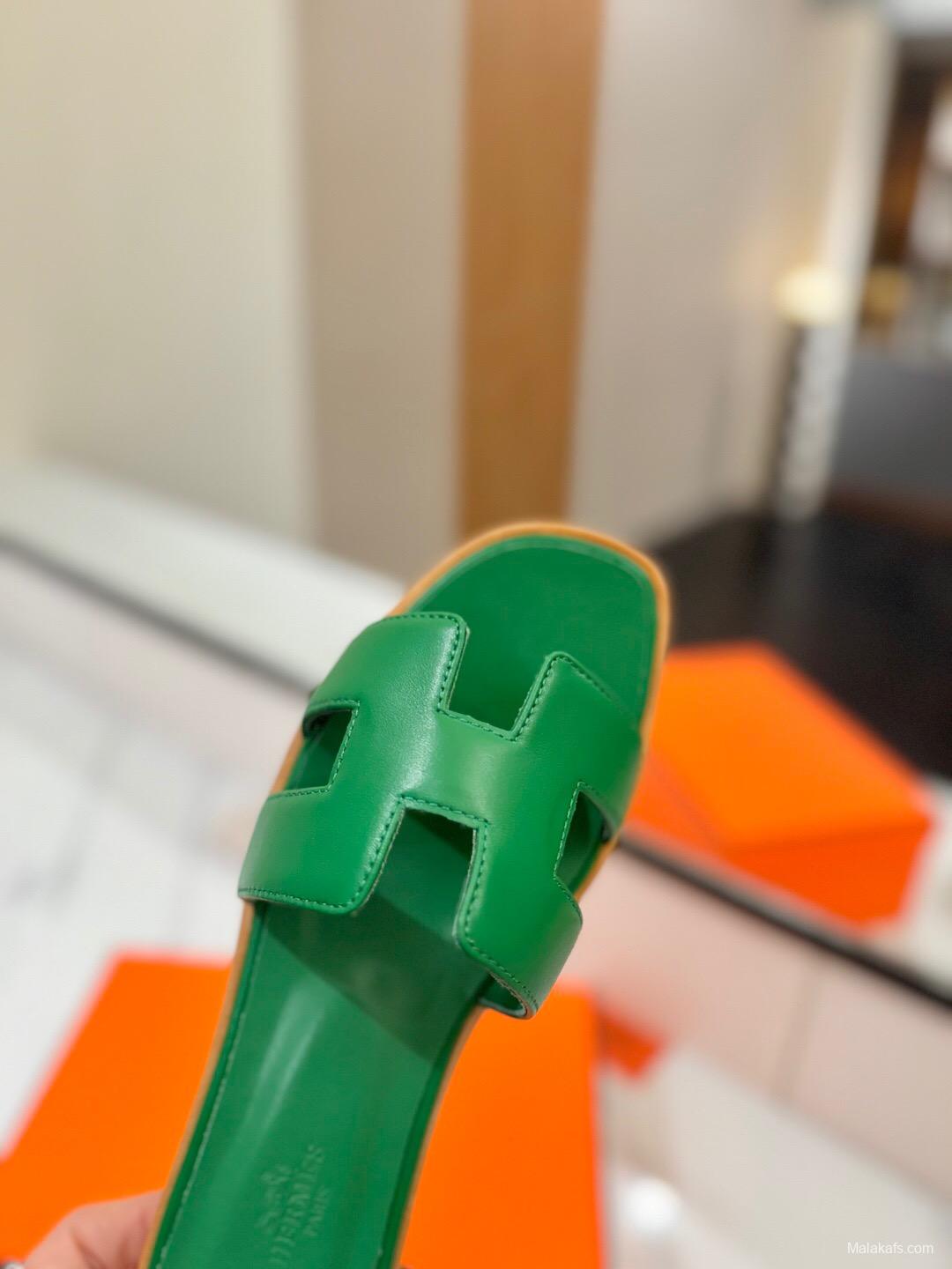 2025 Women Hermès Green Leather Slippers