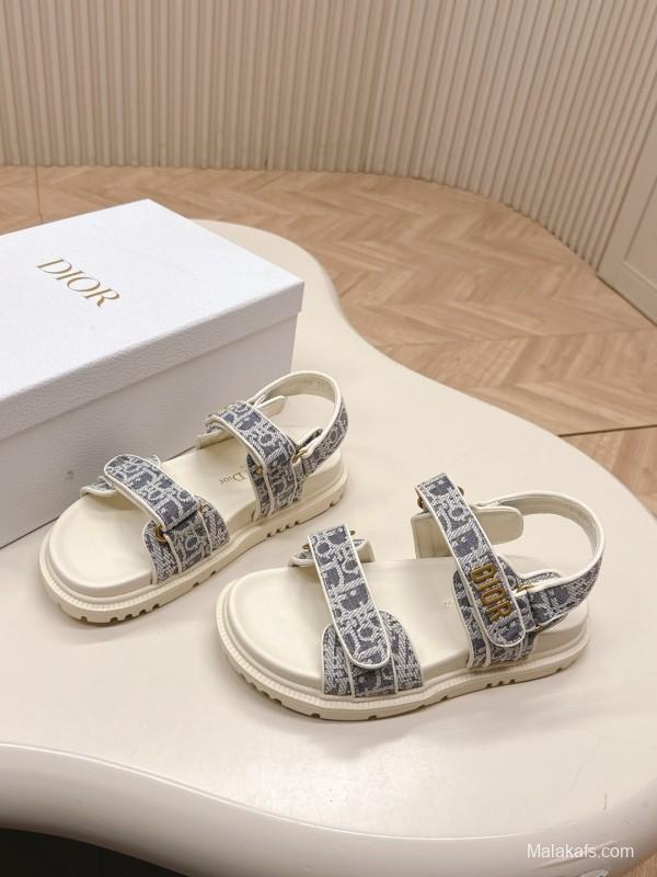 2025 Women Dior Gray White Jacquard Fabric Sandals LY