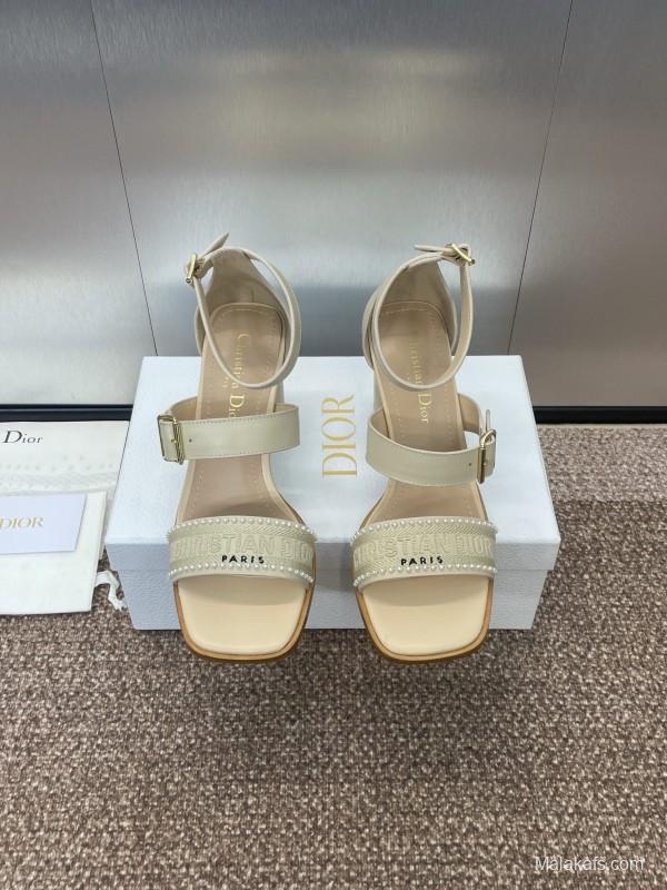 2025 Women Dior Beige Leather Sandals Ankle Strap KFY00320