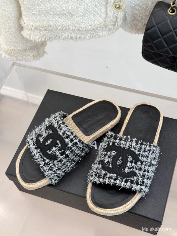 2025 Slippers Chanel Black White Tweed Espadrille Handcrafted KFY00230