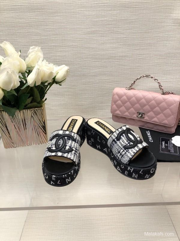 2025 Women Chanel Black White Tweed Platform Sandals LY00320