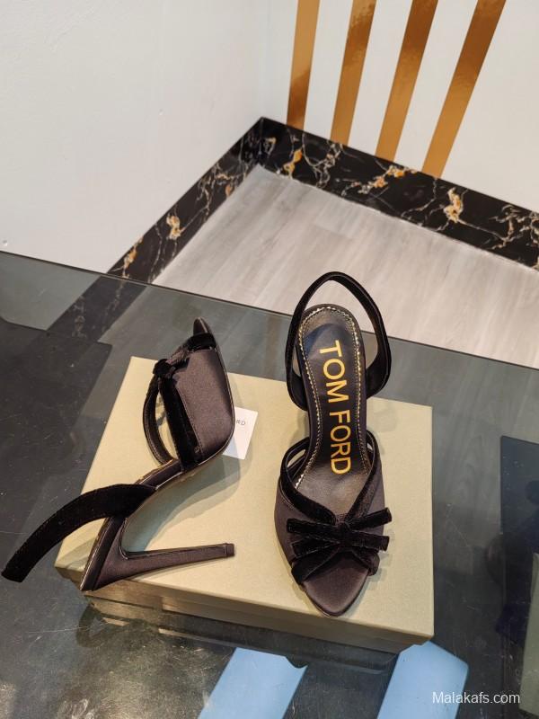 2025 Women TOM FORD Black Velvet High Heel Slingback Bow KFY00300