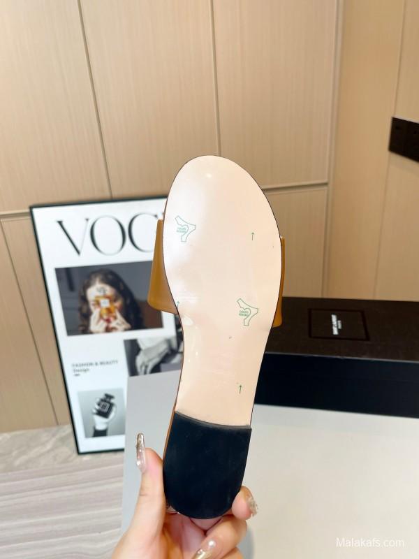 2025 Women Yves Saint Laurent Light Brown Leather Slippers LY00180
