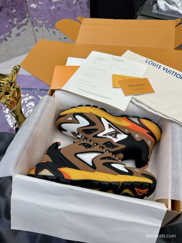 2025 Men Louis Vuitton Brown White Black Mesh Leather Sneakers MJ00420