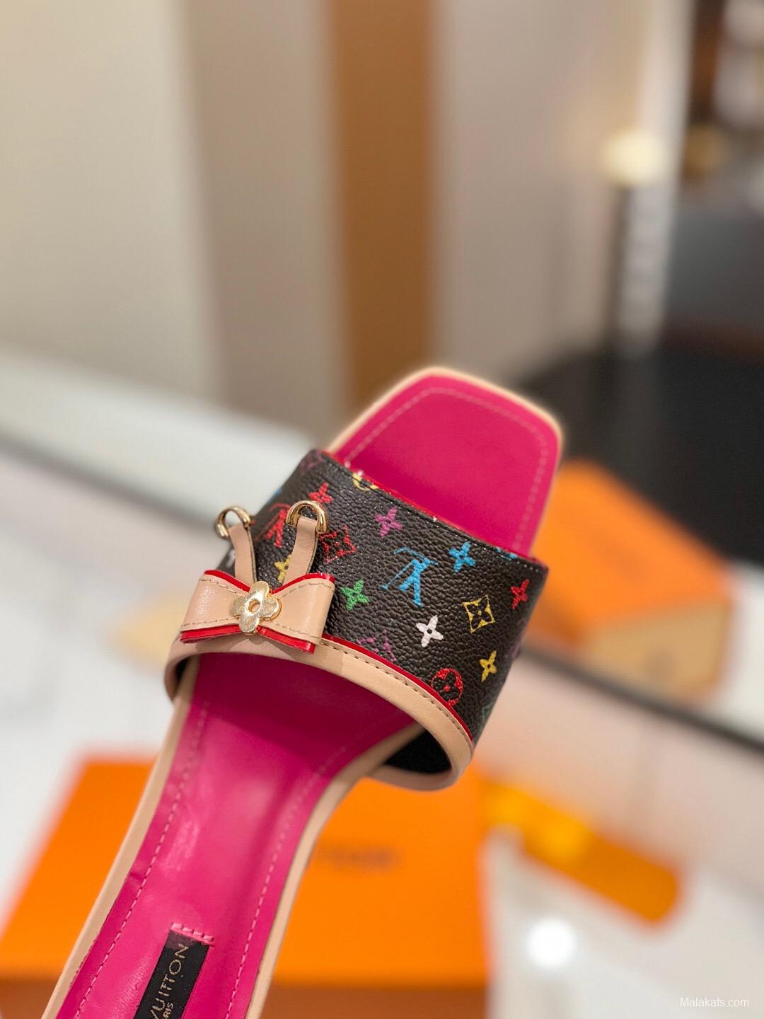 2025 Women Louis Vuitton Brown Pink Leather Sandals KFY00310