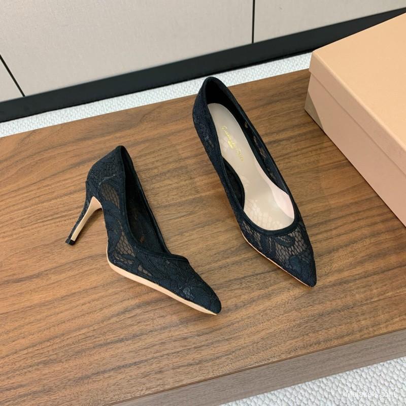 2025 Women Gianvito Rossi Black Lace Leather Pumps KFY00280