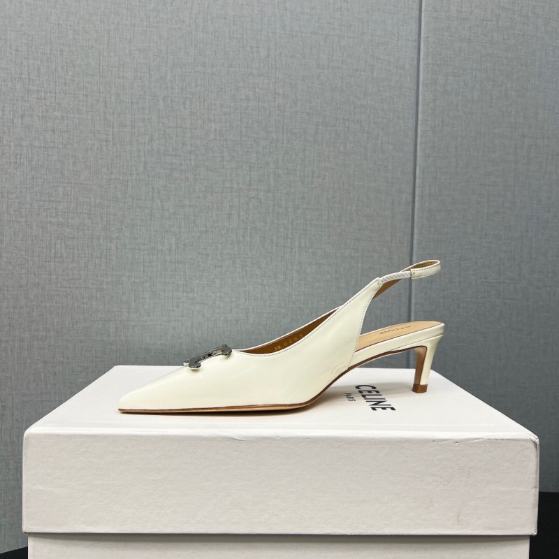 2025 Women Celine White Patent Leather Kitten Heel Pointed Toe Trimed KFY00290