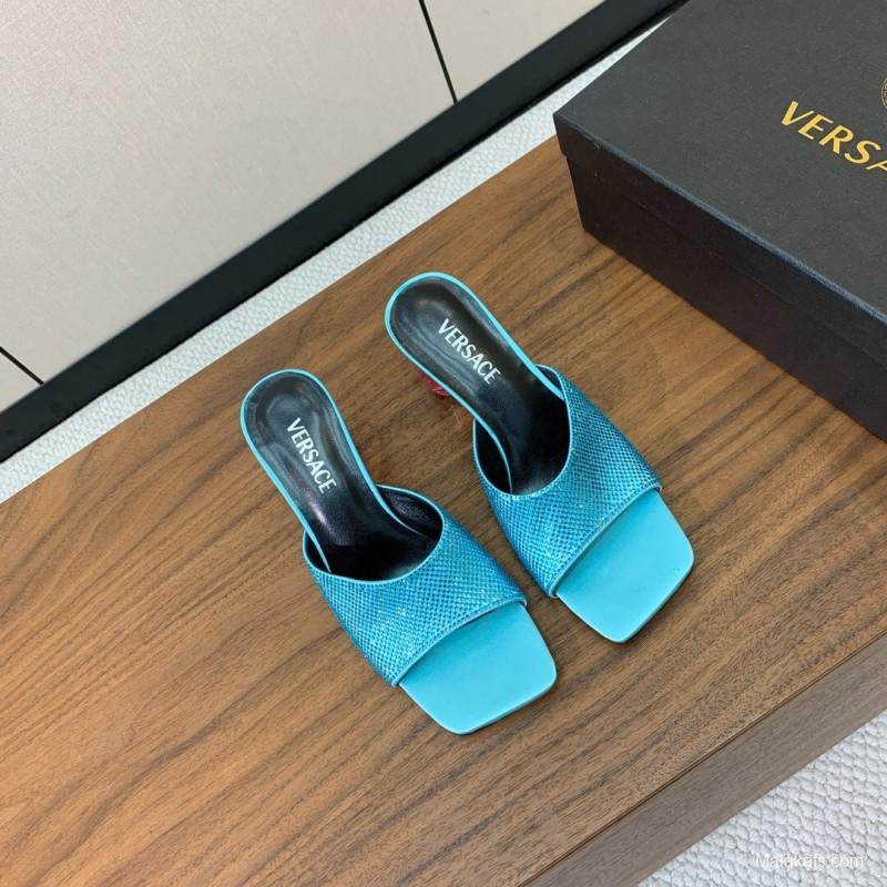 2025 Women VERSACE Blue Leather Slippers