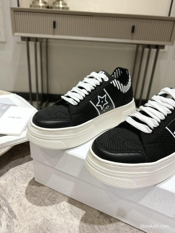 2025 Women Dior Black White Knit Leather Platform Sneakers KFY00330