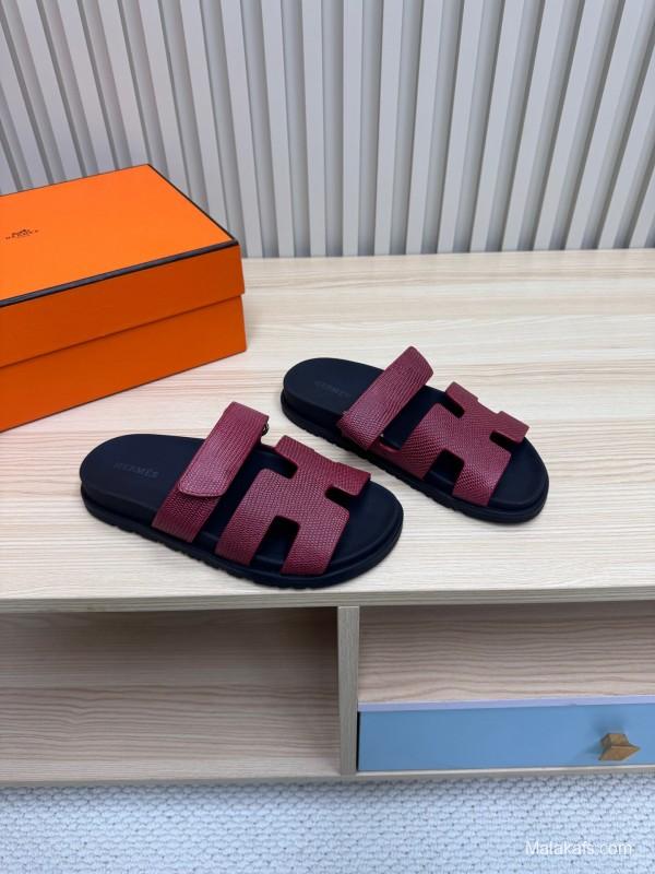 2025 Slippers Hermès Burgundy Black Leather Slide KFY00260
