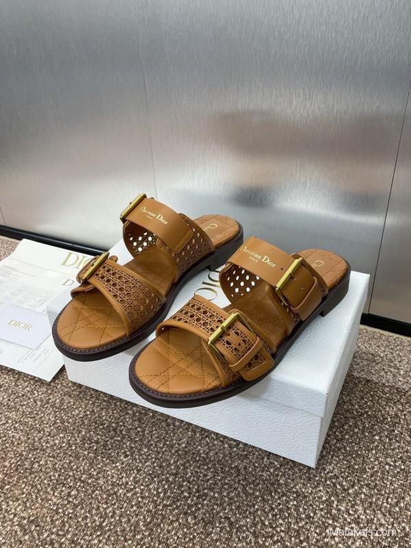 2025 Women Dior Brown Leather Slip-on Sandals