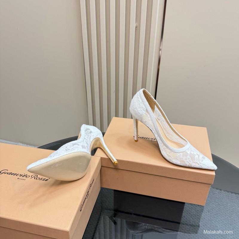 2025 Women Gianvito Rossi White Lace High Heel Shoes KFY00280