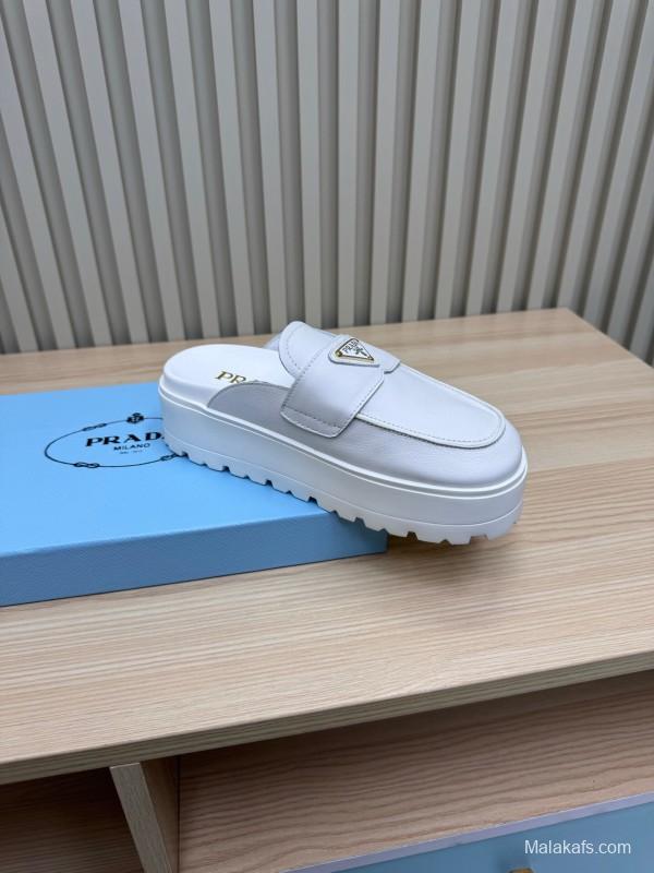 2025 Women Prada White Leather Slippers KFY00280