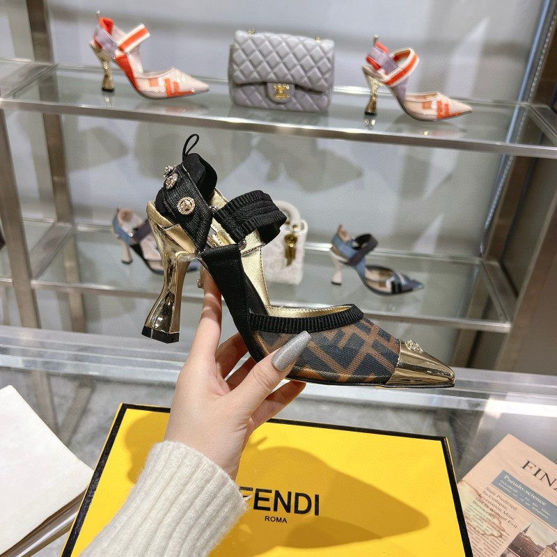 2025 Women Fendi Brown Black Leather Mesh High Heels MJ00280