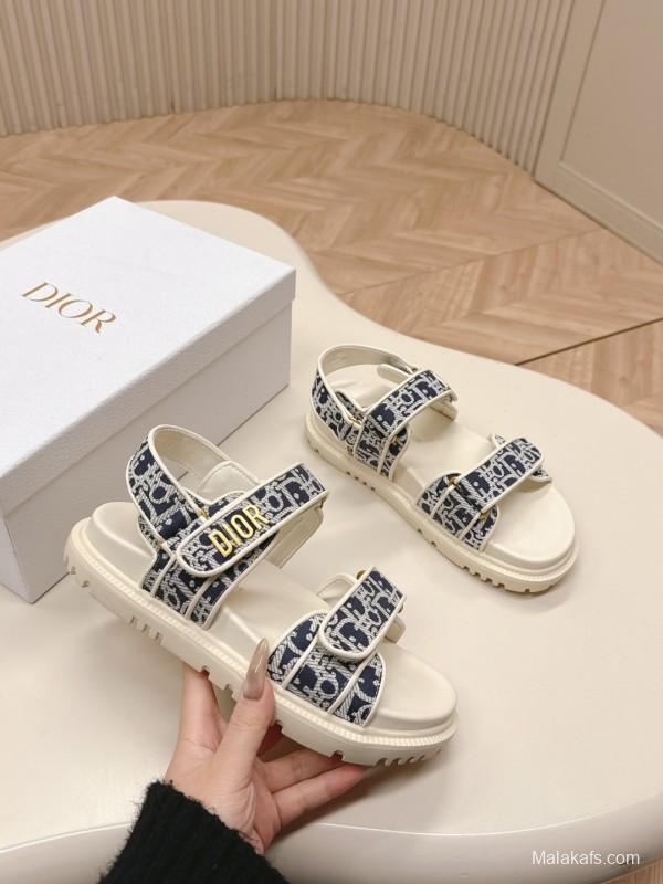 2025 Women Dior Navy White Canvas Sandals LY
