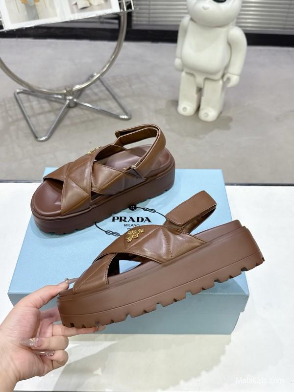 2025 Women Prada Brown Leather Sandal