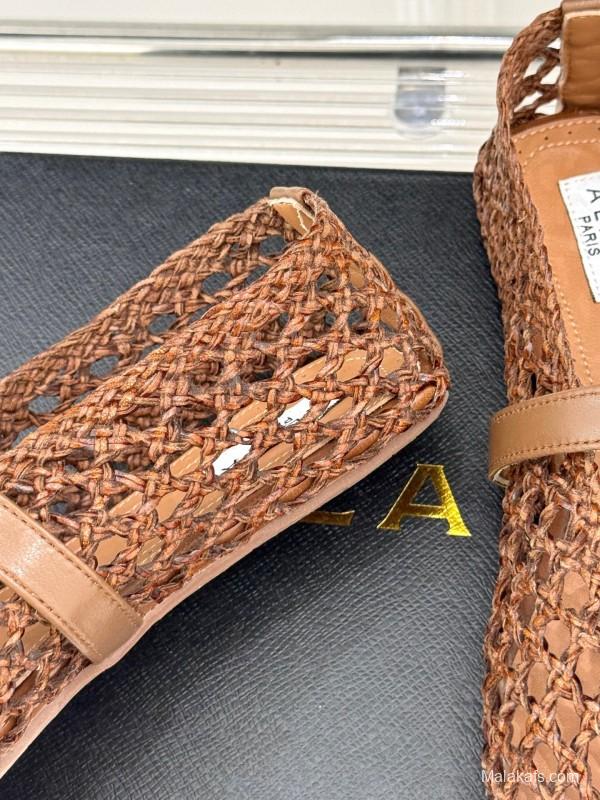 2025 Women AlAIA Brown Leather Woven Mary Jane Shoes