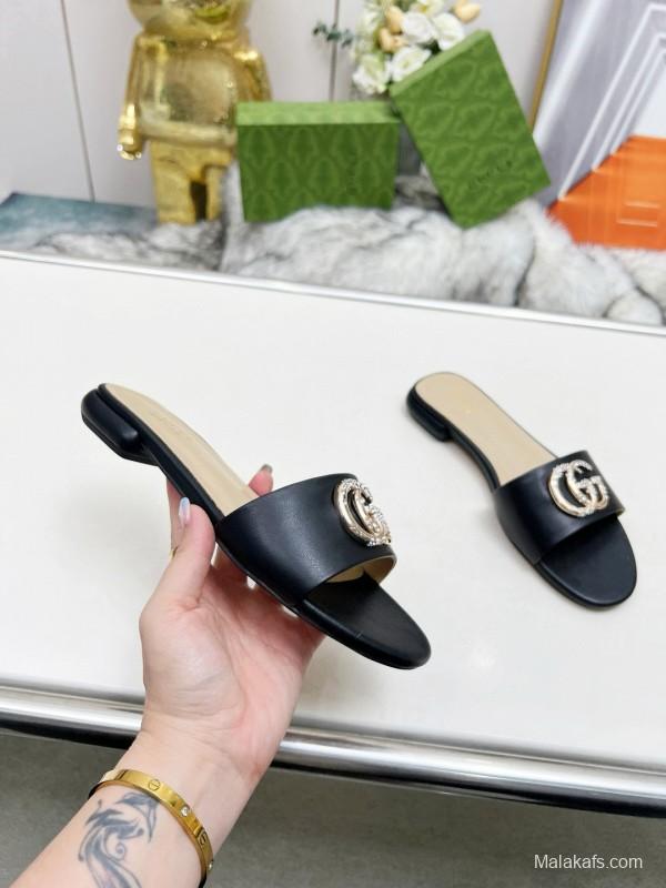 2025 Gucci Black Leather Slippers Double G Buckle MJ00190