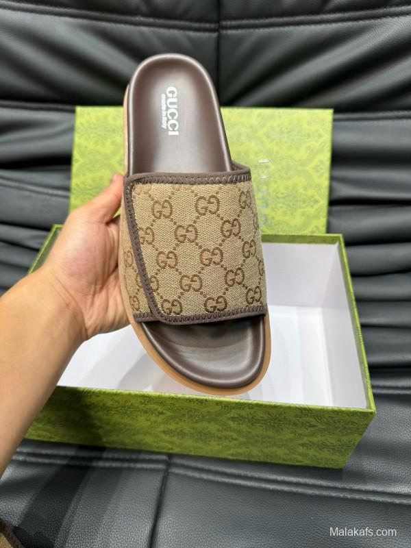 2024 Slippers Gucci Brown Canvas Leather Slippers MJ00200