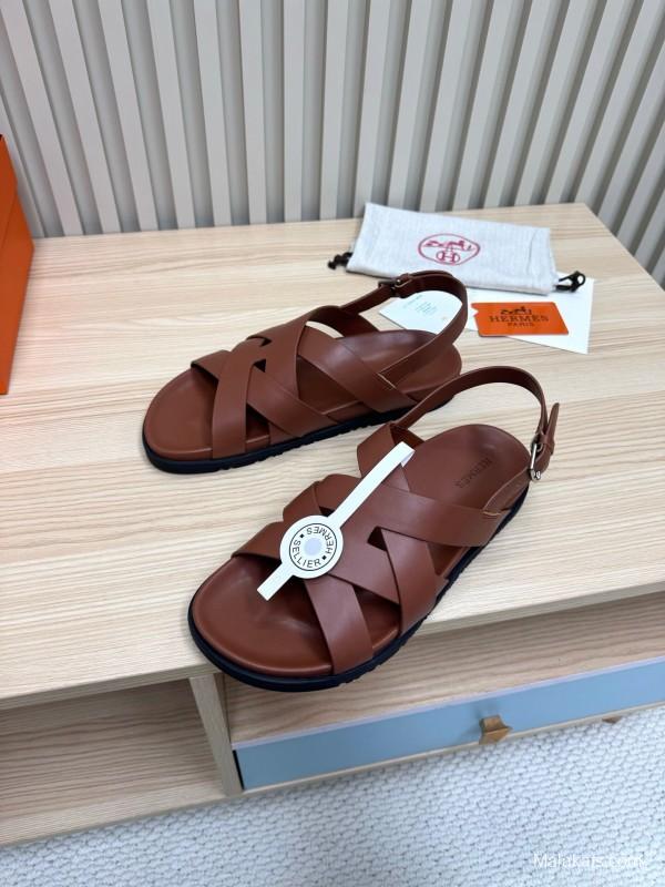2025 Women Hermès Brown Leather Sandals LY00270