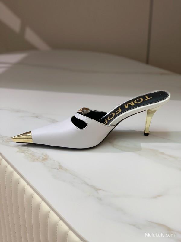 2025 Women TOM FORD White Gold Leather Pointed Toe Mules