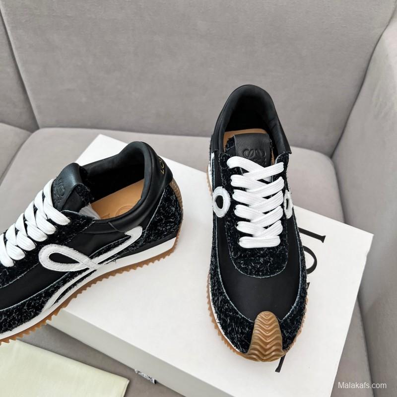 2025 Women Loewe Black White Leather Fabric Sneakers