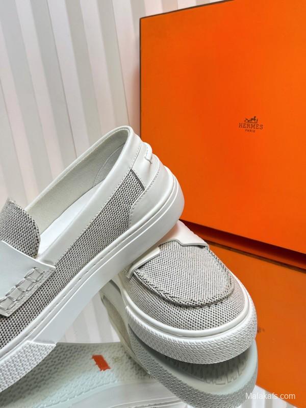 2025 Women Hermès White Mesh Leather Casual Loafers LY00310