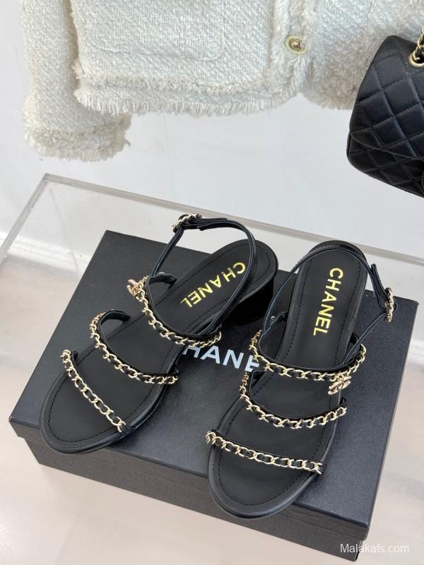 2025 Women Chanel Black Leather Sandals Chain KFY00270