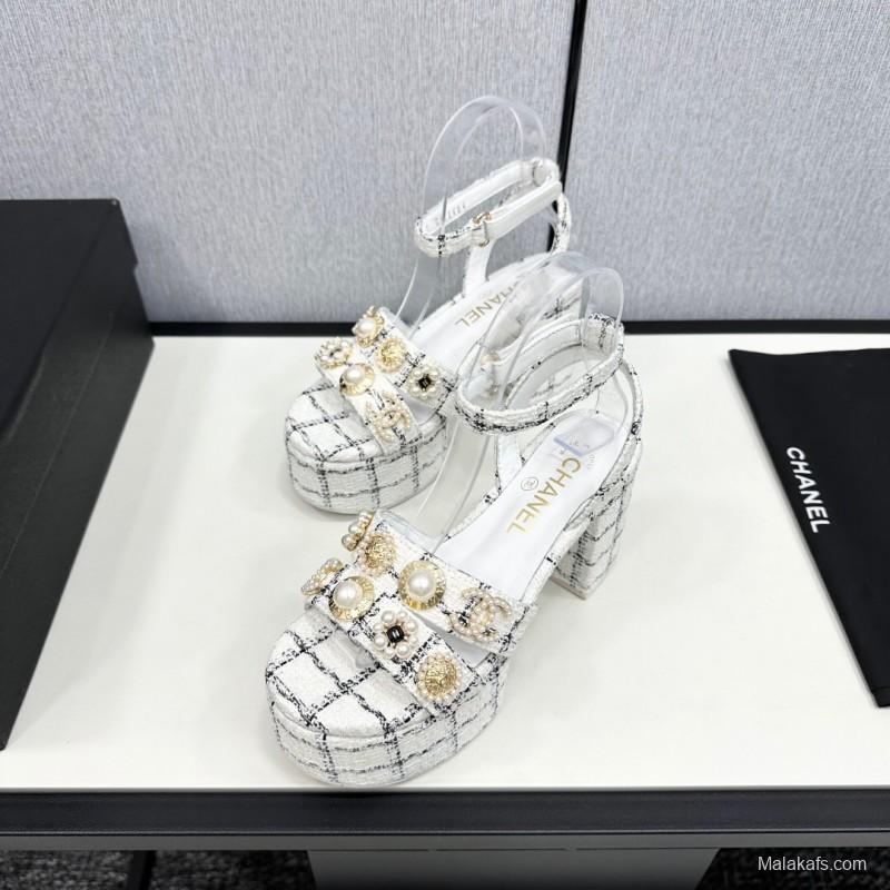 2025 Women Chanel White Black Fabric Platform Sandals Pearl Embellishment