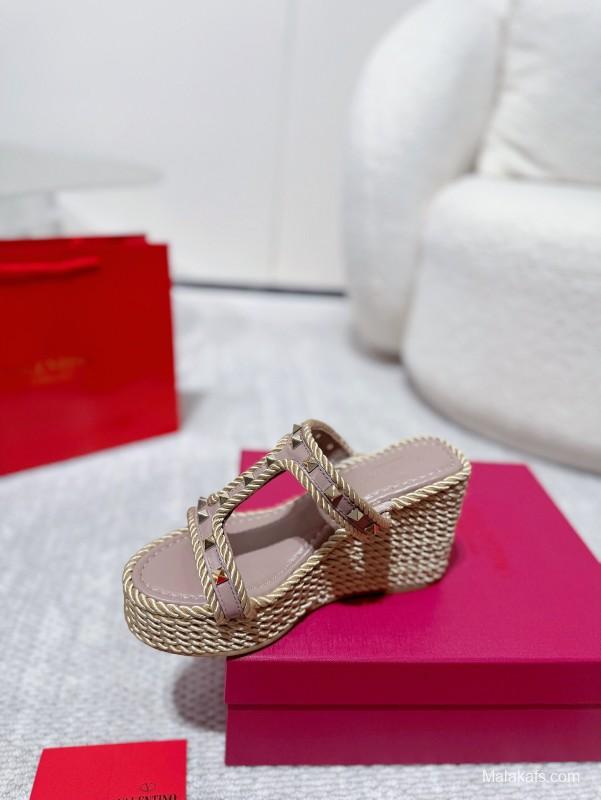 2025 Women Valentino Beige Rope Leather Wedge Sandals LY00290