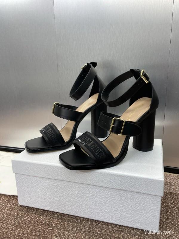 2025 Women Dior Black Leather High Heel Sandals KFY00310