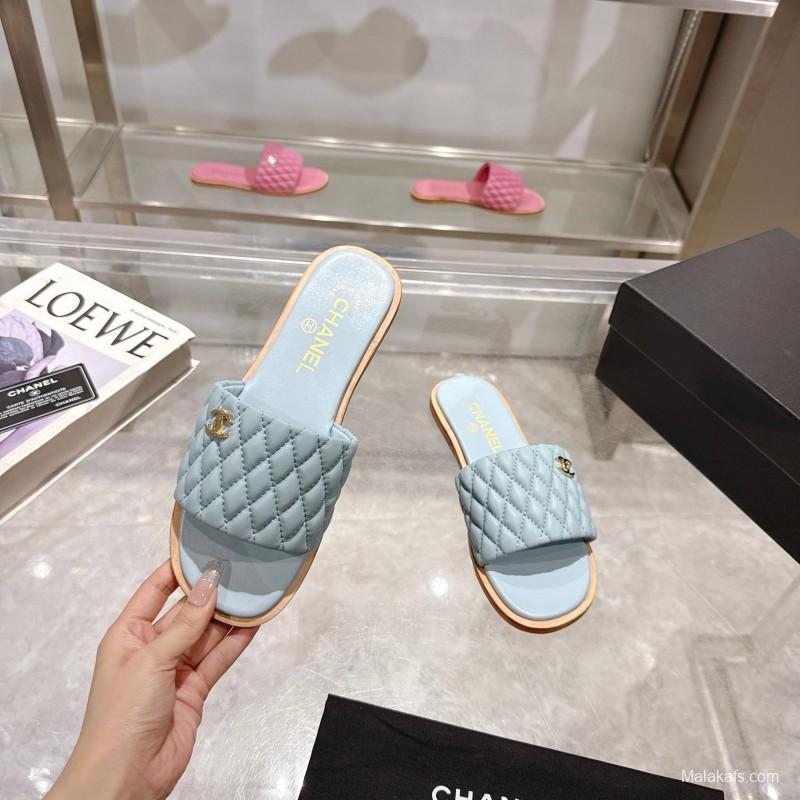 2025 Women Chanel Light Blue Lambskin Slippers