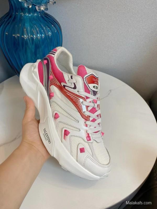 2024 Unisex Valentino White Pink Mesh Leather Sneakers MJ00410