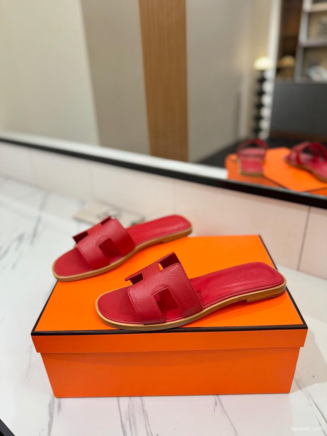 2025 Women Hermès Red Leather Slippers