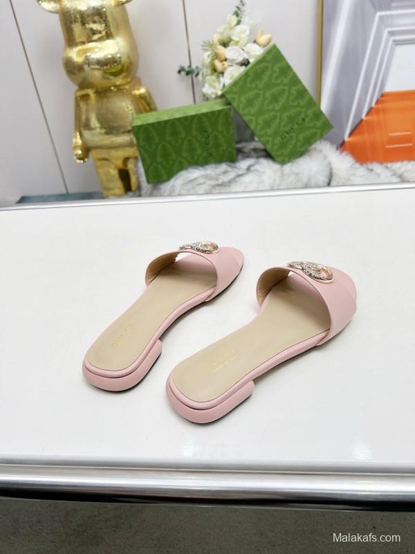 2025 Women Gucci Pink Leather Slippers GG Buckle MJ00190