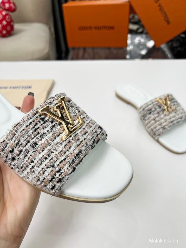 2025 Women Louis Vuitton White Tweed Leather Slippers LY00210