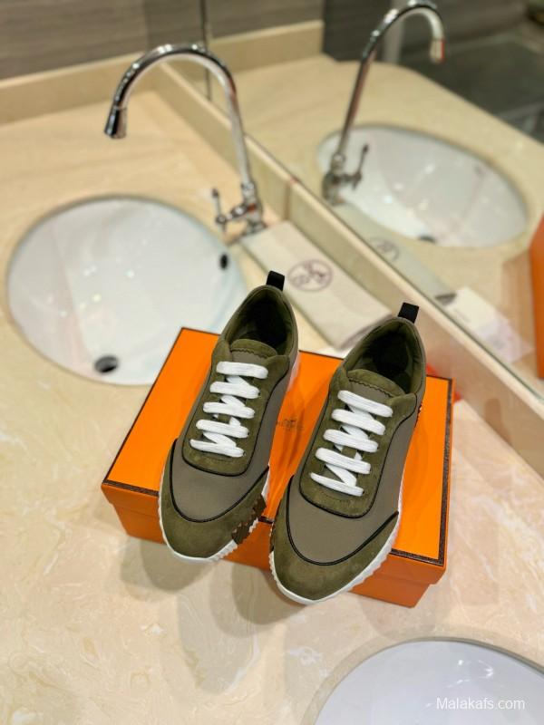 2024 Unisex Hermès Khaki Suede Waterproof Fabric Casual Sneakers MJ00320
