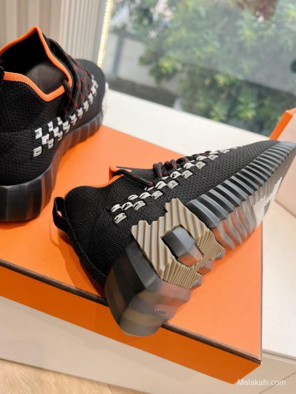 2024 Unisex Hermès Black Orange Calf Suede Knit Sneakers MJ00290(W/M)