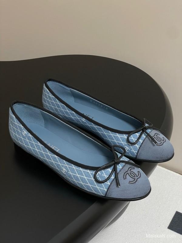 2025 Women Chanel Blue Denim Ballet Flats KFY00300