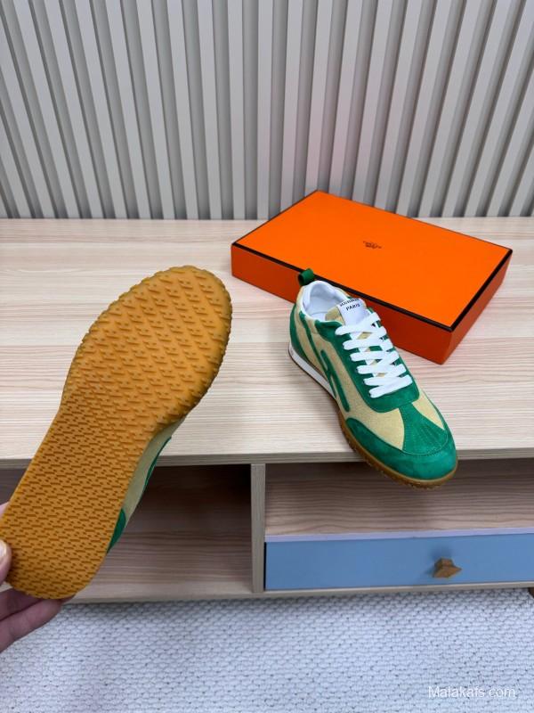 2025 Unisex Hermès Green Beige Suede Down Fabric Sneakers Top Version LY00310