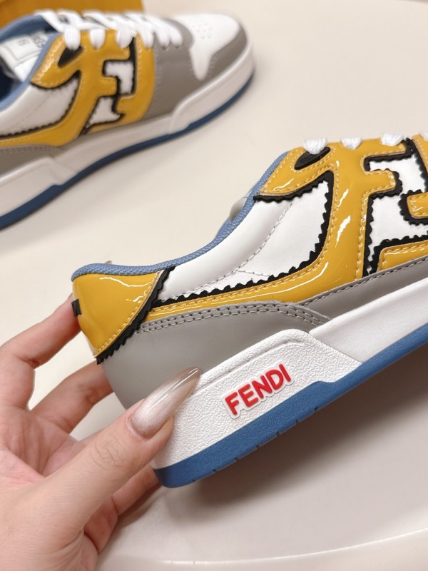 2025 Unisex Fendi White Yellow Grey Leather Sneakers FD Match LY00360(F)/LY00370(M)