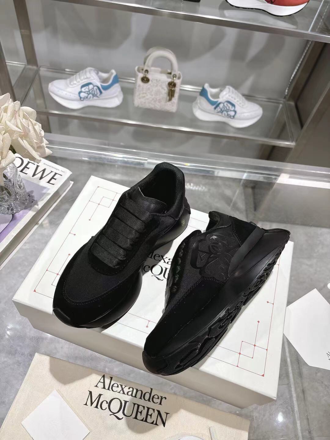2025 Women Alexander McQueen Black Leather Mesh Sneakers LY00340