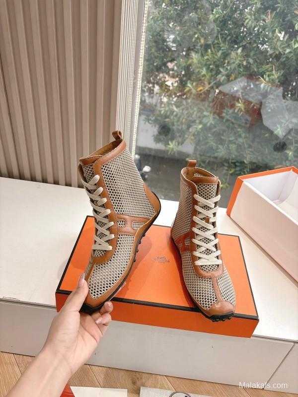 2025 Women Hermès Beige Brown Leather Mesh Boots