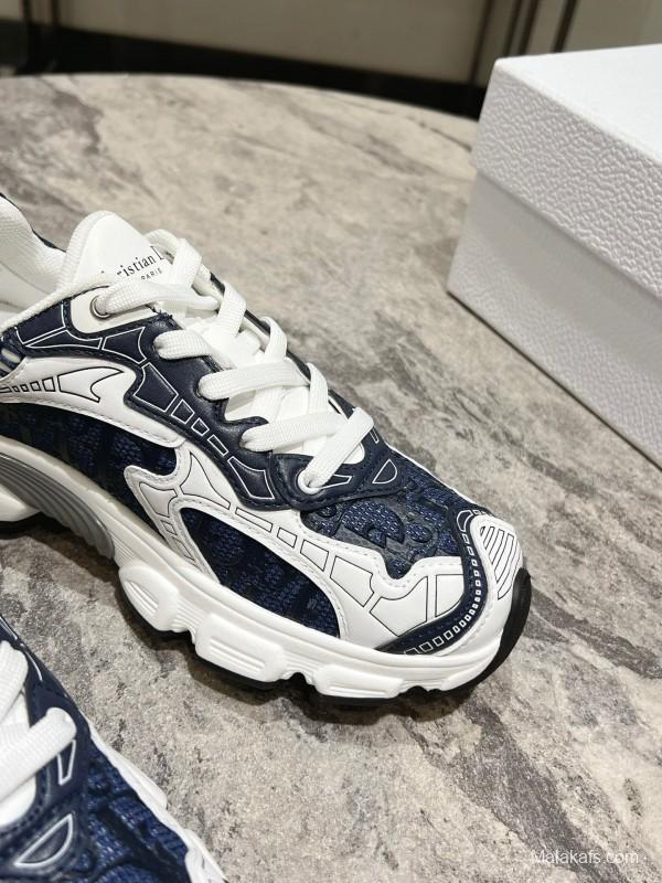 2025 Women Dior Navy White Mesh Leather Sneakers KFY00370