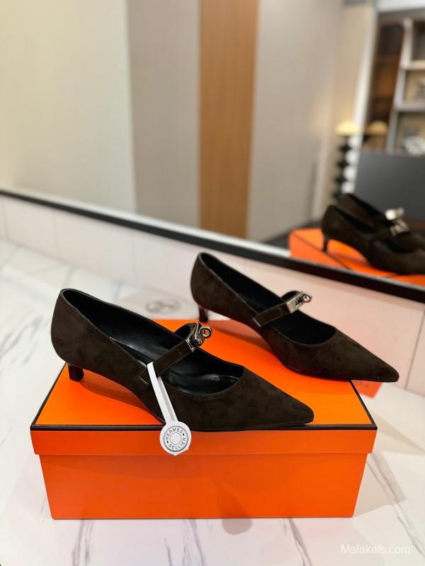 2025 Women Hermès Black Suede Mary Jane Shoes KFY00330