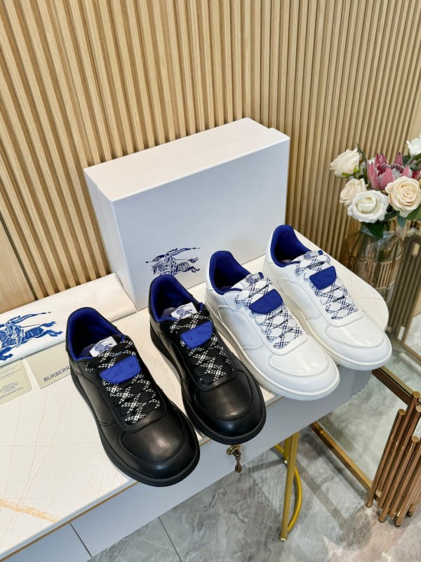 2024 Men BURBERRY Black Blue Calf Leather Sneakers MJ00330
