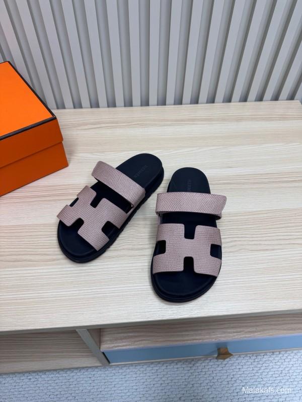2025 Women Hermès Beige Black Leather Slippers
