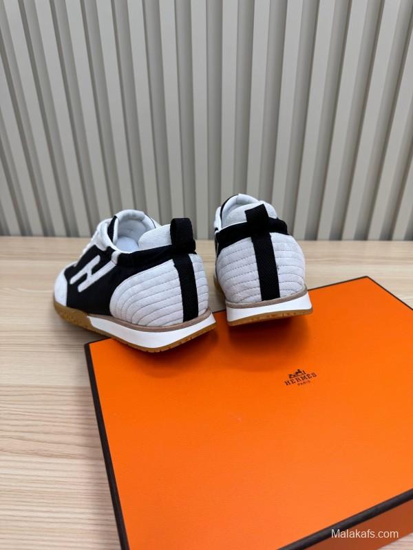 2025 Unisex Hermès White Black Suede Down Fabric Sneakers Top Version LY00310
