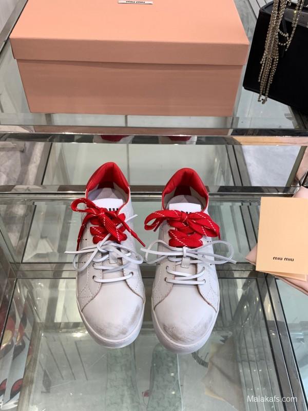 2025 Women Miu Miu White Red Leather Sneakers LY00290